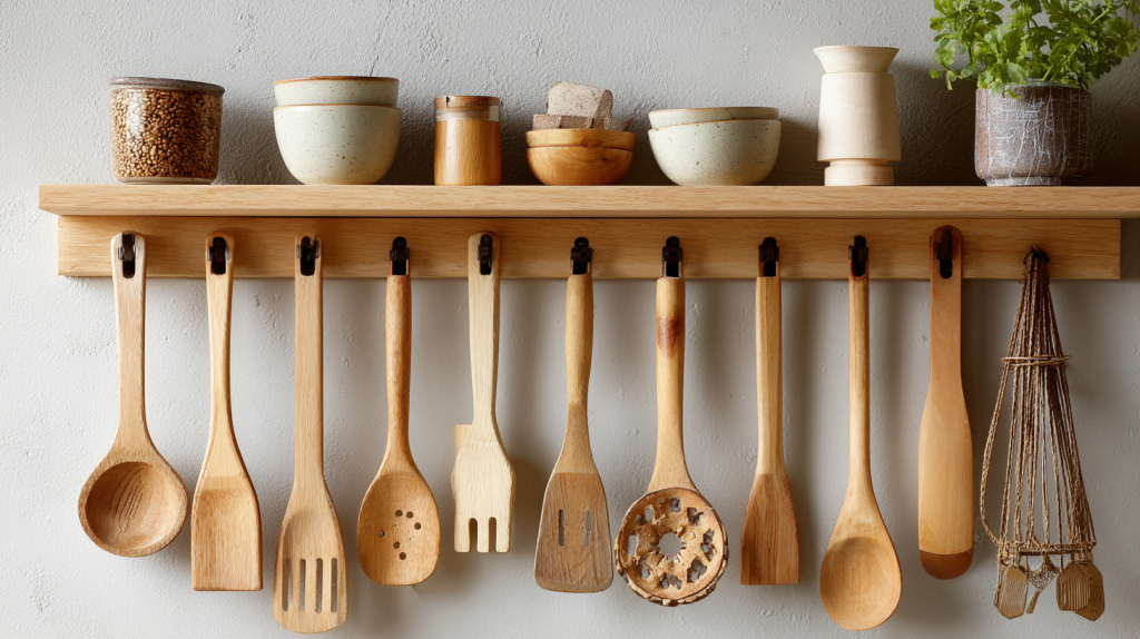 Wooden and bamboo kitchen utensils stored on wall hooks beside an open shelf