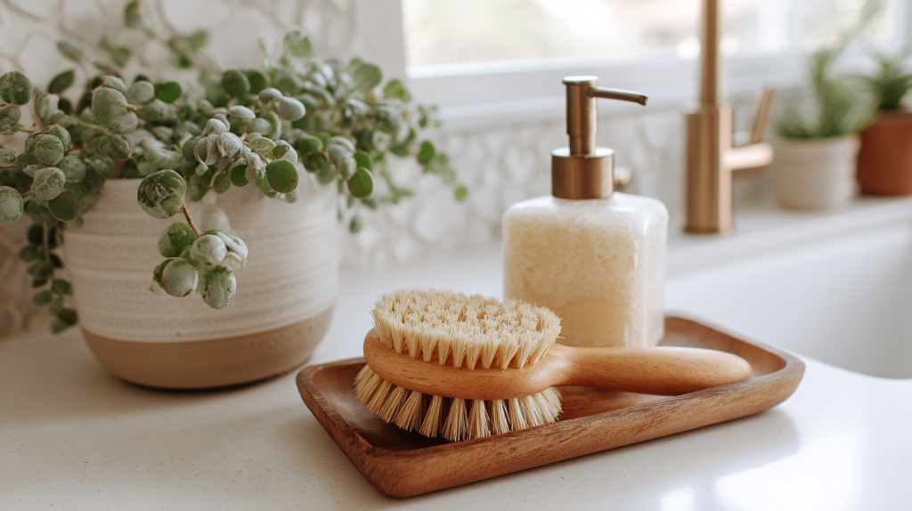 Wooden dish brush and plant-based dish soap placed near a kitchen sink