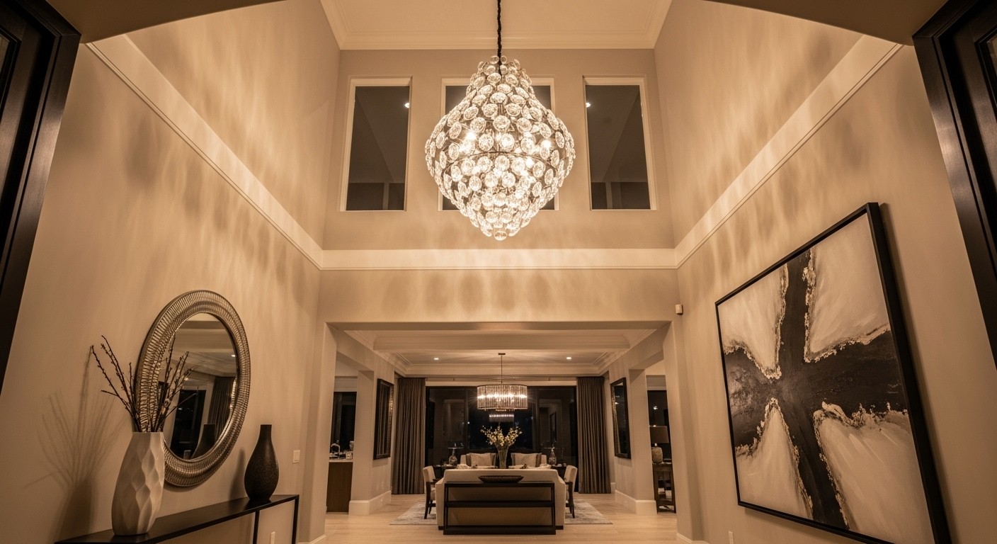 Home lighting ideas: high-ceiling entrance with pendant chandelier for cozy and stylish ambiance