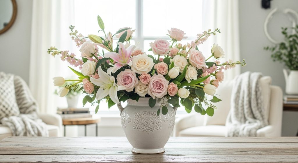 Curated Kitchen Counter Styling-Spring floral arrangement on the wood table show that it can refresh the kitchen without major changes.