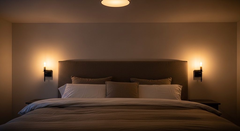 Warm home lighting ideas for a bedroom — wall-mounted sconces flanking a linen headboard, soft ambient light from a dimmed ceiling fixture, neutral ivory and taupe bedding