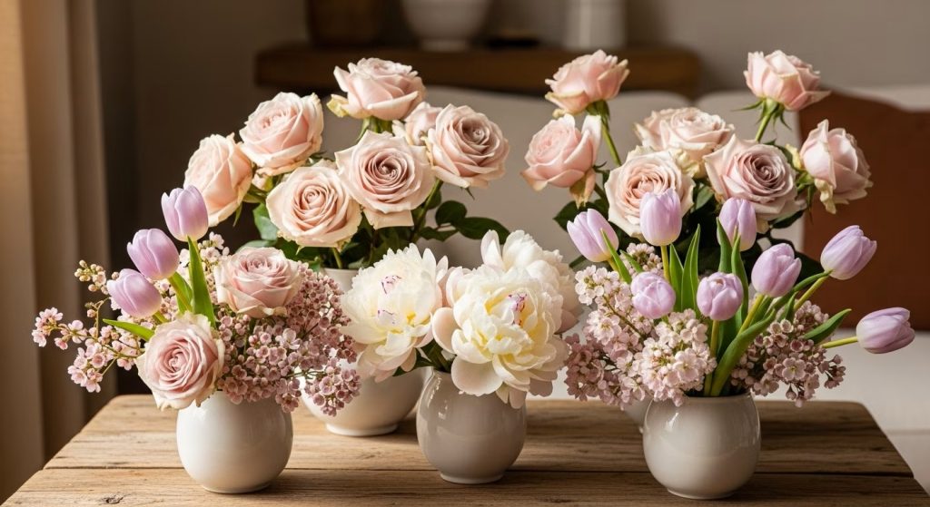 A flowers arranged by soft pastel color palette, including blush pink roses, cream peonies, soft lilac tulips, and delicate greenery, displayed in small ceramic vases on a rustic wooden table