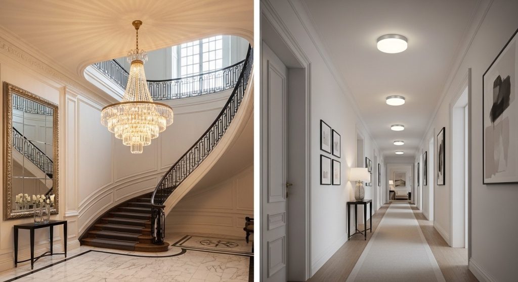 Home lighting ideas featuring a dramatic pendant chandelier in a high ceiling entryway and brightening a long narrow hallway with layered ceiling lighting