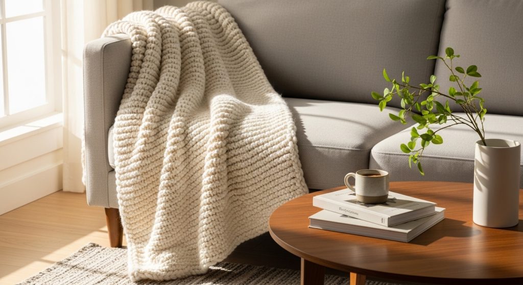 Small home accessories featuring a textured throw blanket styled on a modern sofa creating a cozy professionally designed living space