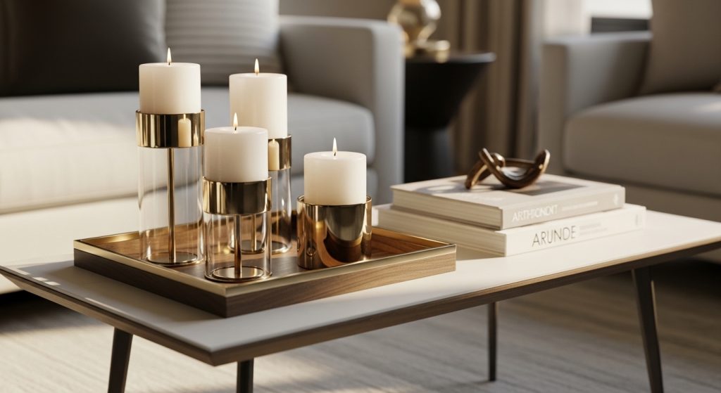 Small home accessories including elegant candles and candle holders styled in a warm and professionally decorated living room