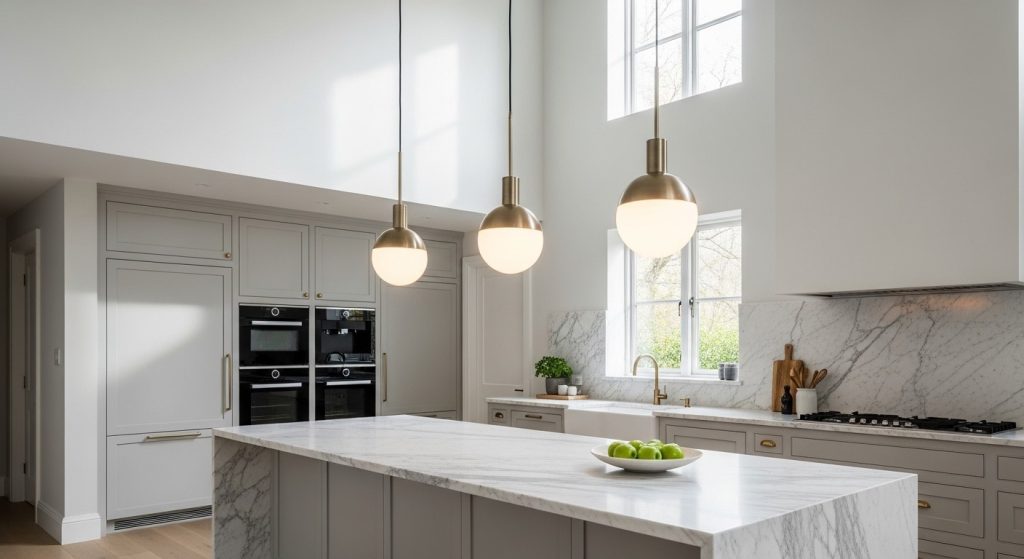 Kitchen island lighting ideas with three modern pendant lights evenly spaced above a marble island leave approximately 24-30 inches between fixtures.