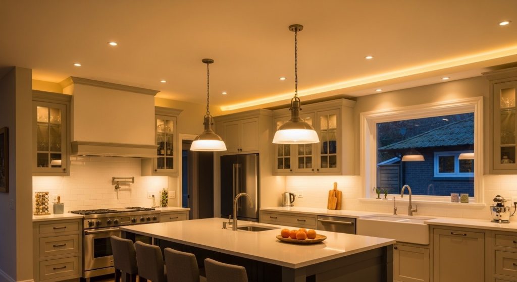 Kitchen island lighting ideas demonstrating layered lighting with recessed and pendant lights