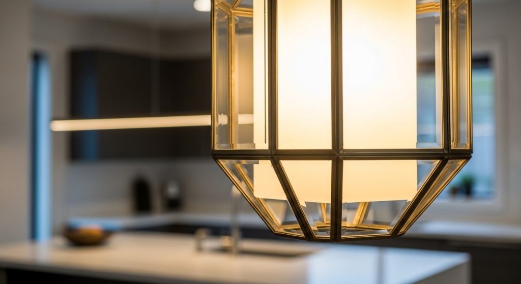 Kitchen island lighting ideas featuring geometric glass pendant lighting detail
