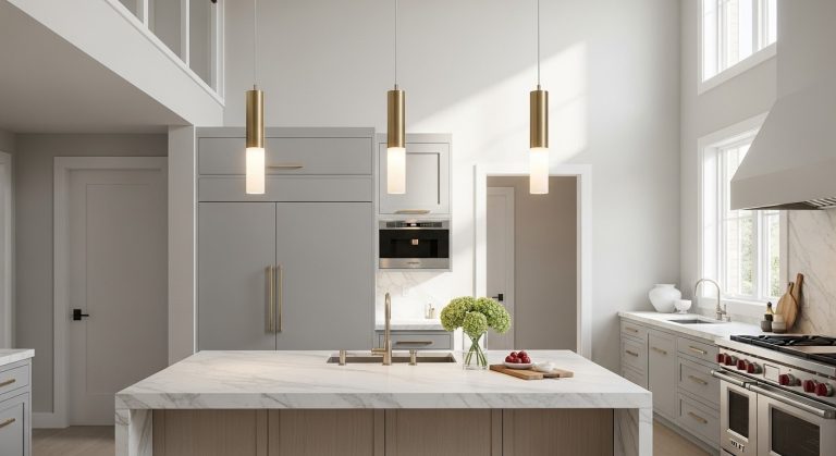 Kitchen island lighting ideas with three modern pendant lights evenly spaced above a marble island