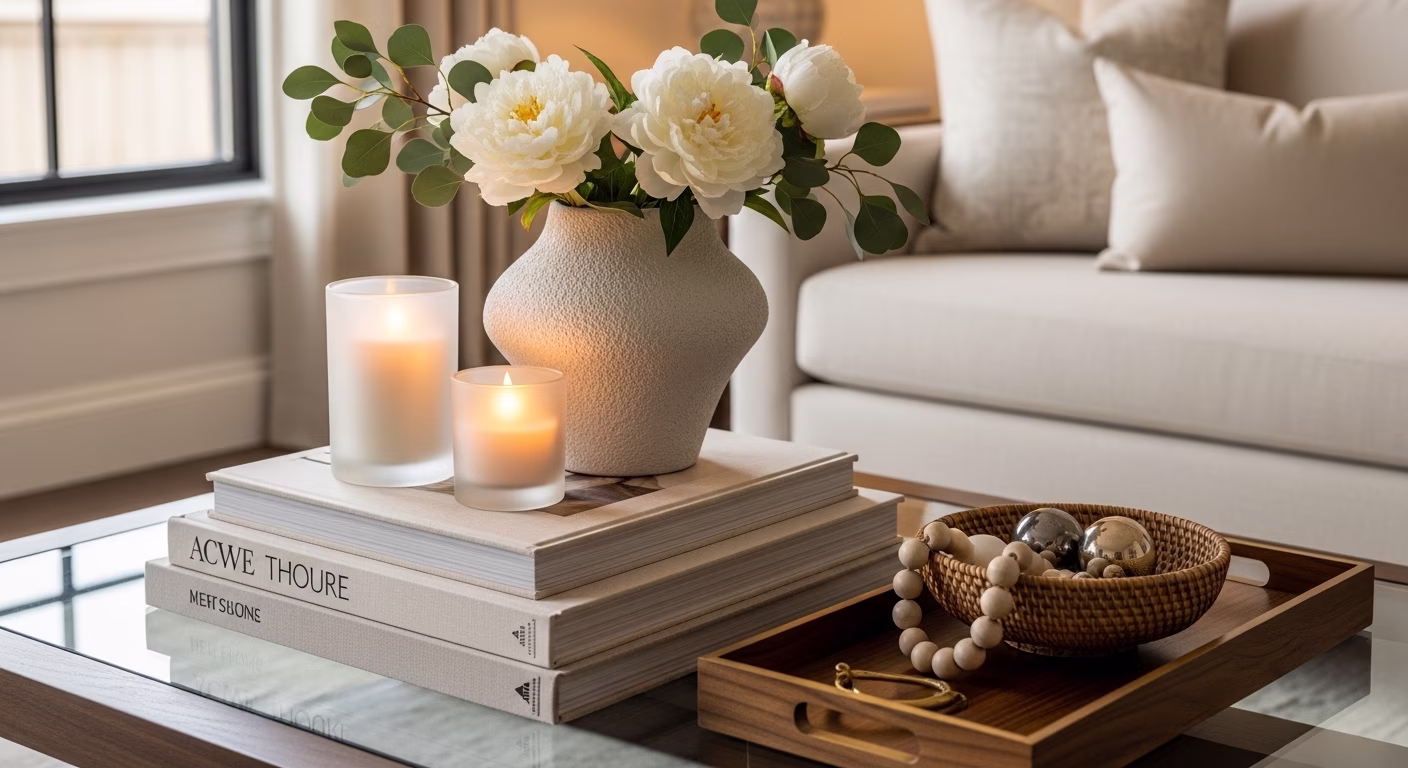 small home accessories coffee table styling with vase, candles, books.