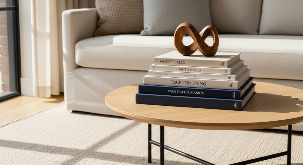 Small home accessories featuring stacked coffee table books and sculptural decor creating a professionally styled living room look