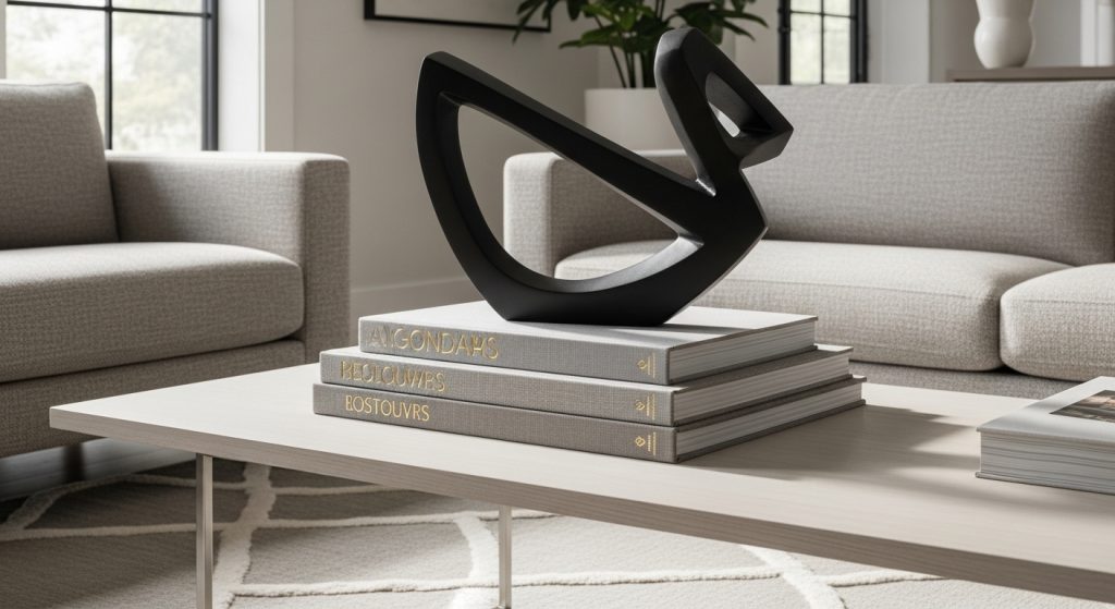 Small home accessories displaying a minimalist sculptural decor object placed on stacked coffee table books