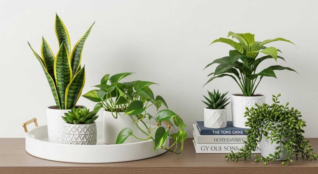 A snake plants, pothos, and small succulents are on the table enhancing visual appeal and emotional comfort of home.