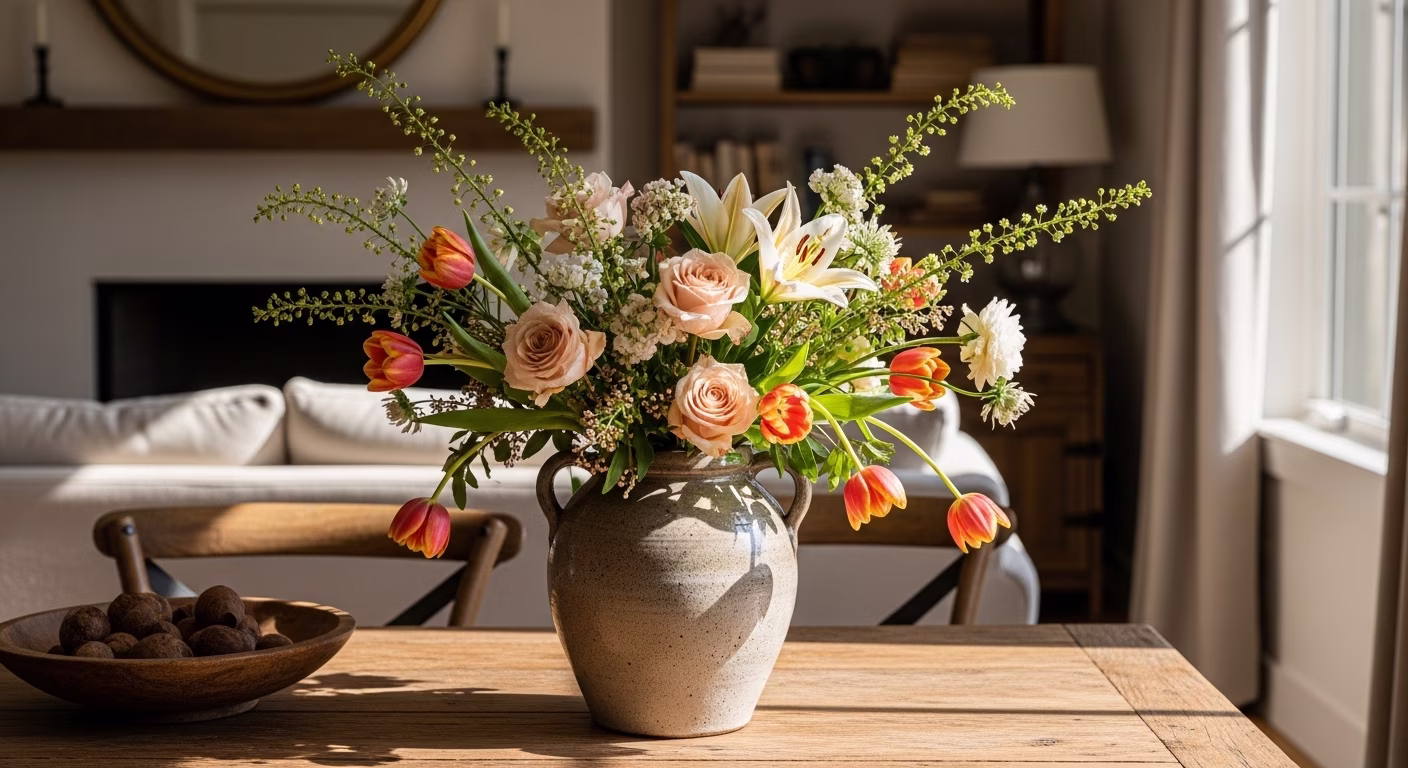 Vase and flower styling with a large ceramic vase filled with romantic flowers, creating a beautifully curated hom