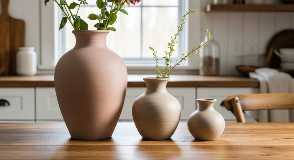 Three ceramic jars of varying sizes are placed on the dining table.