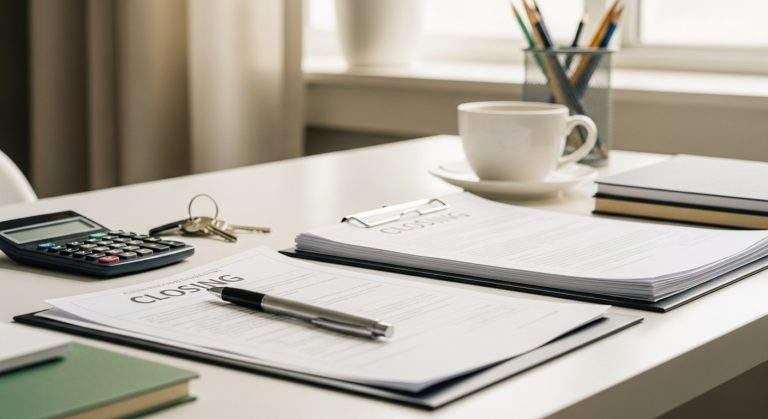 A homebuyer reviewing closing costs in Washington State with house keys and calculator on a clean desk