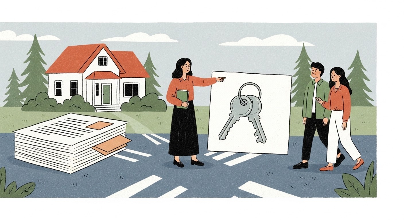 Editorial illustration of a real estate agent guiding a couple through the homebuying process showing what does a real estate agent do