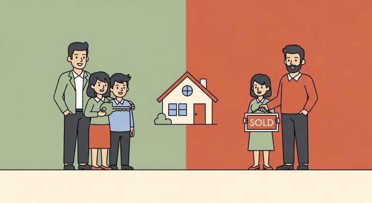 Flat illustration comparing buyer's agent vs seller's agent showing each side of a real estate transaction
