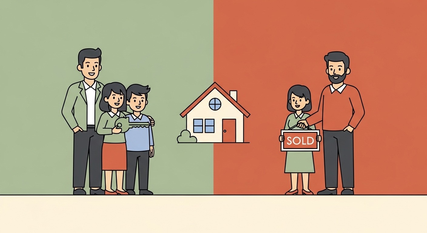 Flat illustration comparing buyer's agent vs seller's agent showing each side of a real estate transaction