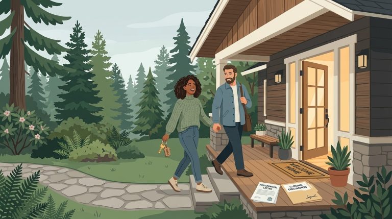 A couple completing the Washington State homebuying process and receiving keys to their new Pacific Northwest home