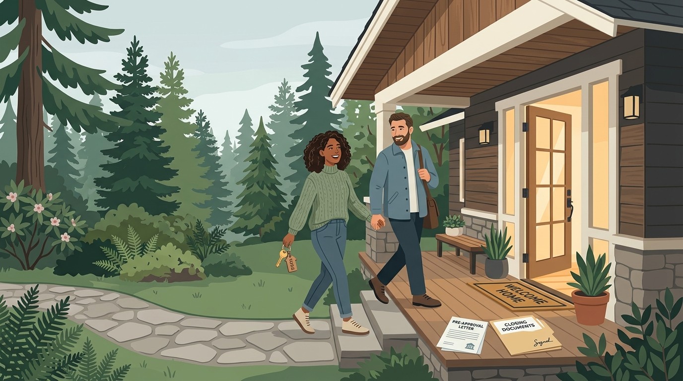 A couple completing the Washington State homebuying process and receiving keys to their new Pacific Northwest home